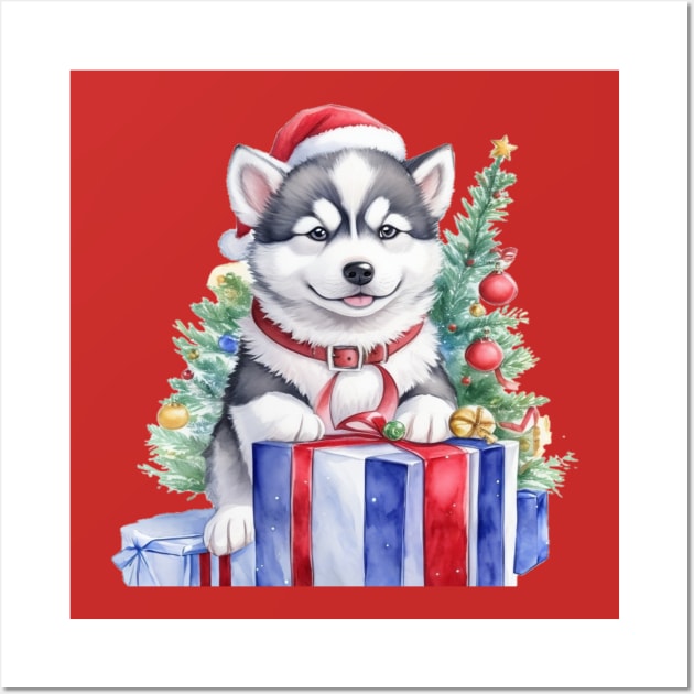 husky dog puppy celebrating Christmas Wall Art by sukhendu.12